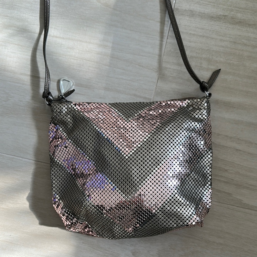 Whiting & Davis Silver and Pink Crossbody Bag with Iridescent Finish